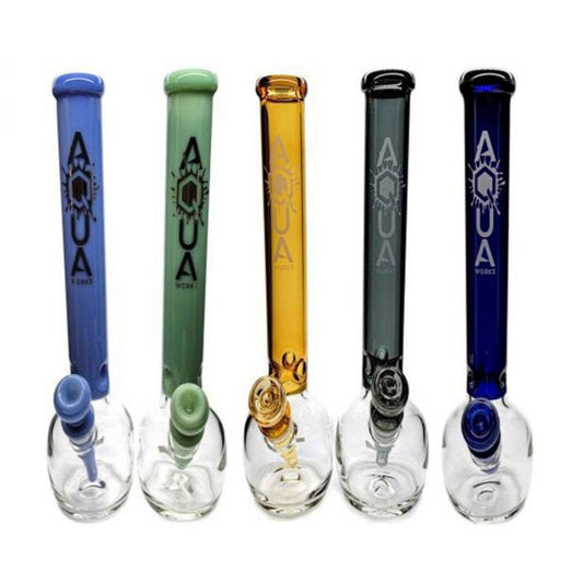 AQUA THICK ROUND BOTTOM WATER PIPE WITH ELEPHANT JOINT AND ICE PINCH AND COLORED DOWN STEM