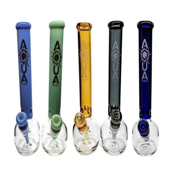 AQUA THICK ROUND BOTTOM WATER PIPE WITH ELEPHANT JOINT AND ICE PINCH AND COLORED DOWN STEM