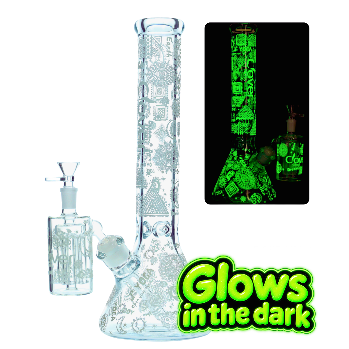 Clover - WP - 14" 7mm Glow in the Dark Beaker w/ Ash Catcher