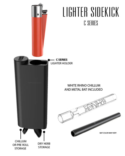 White Rhino - Lighter Sidekick with Chillum & One Hitter - 12ct - C Series Solid Black