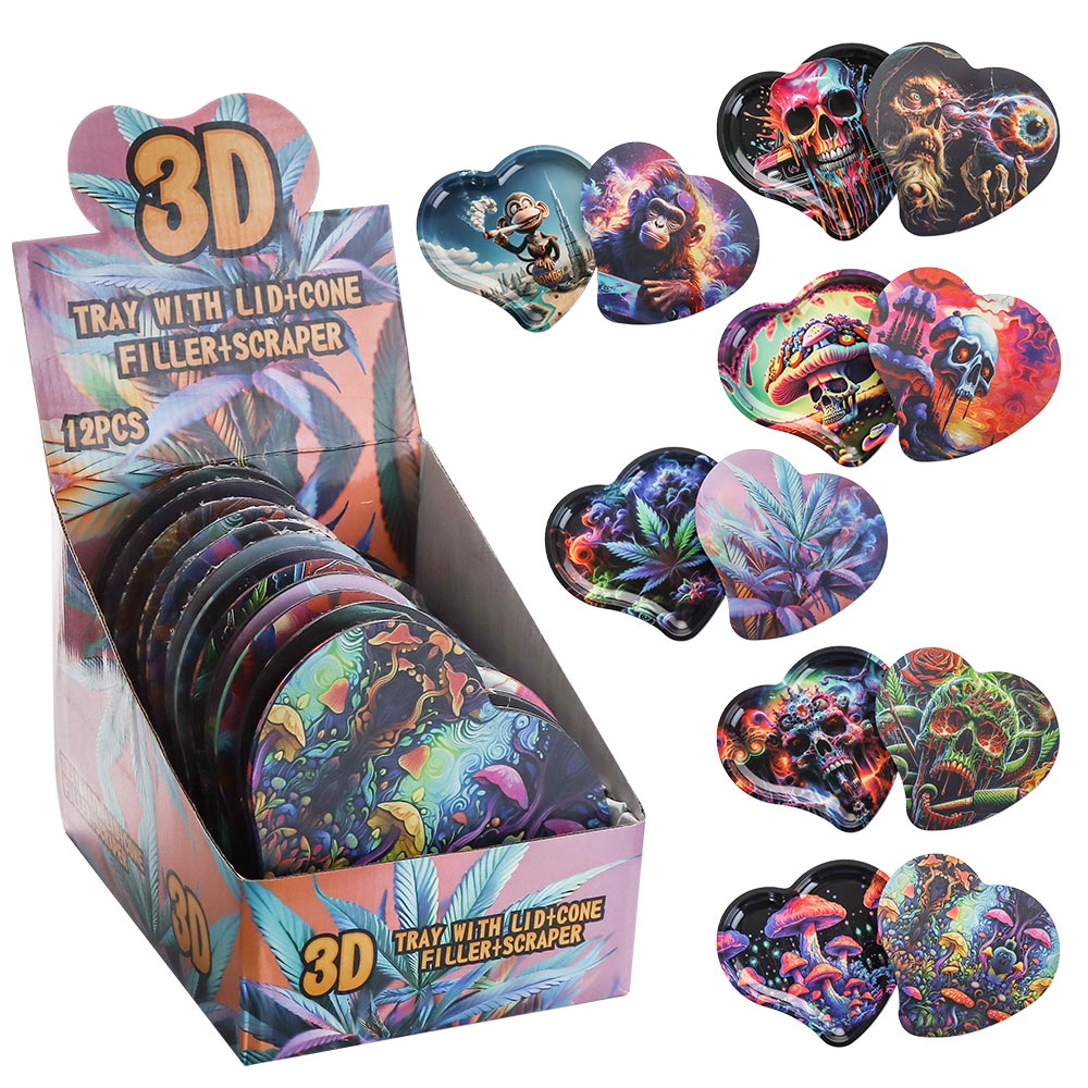 Rolling Trays - Heart Shape 3D Metal w/ Lid - 12ct